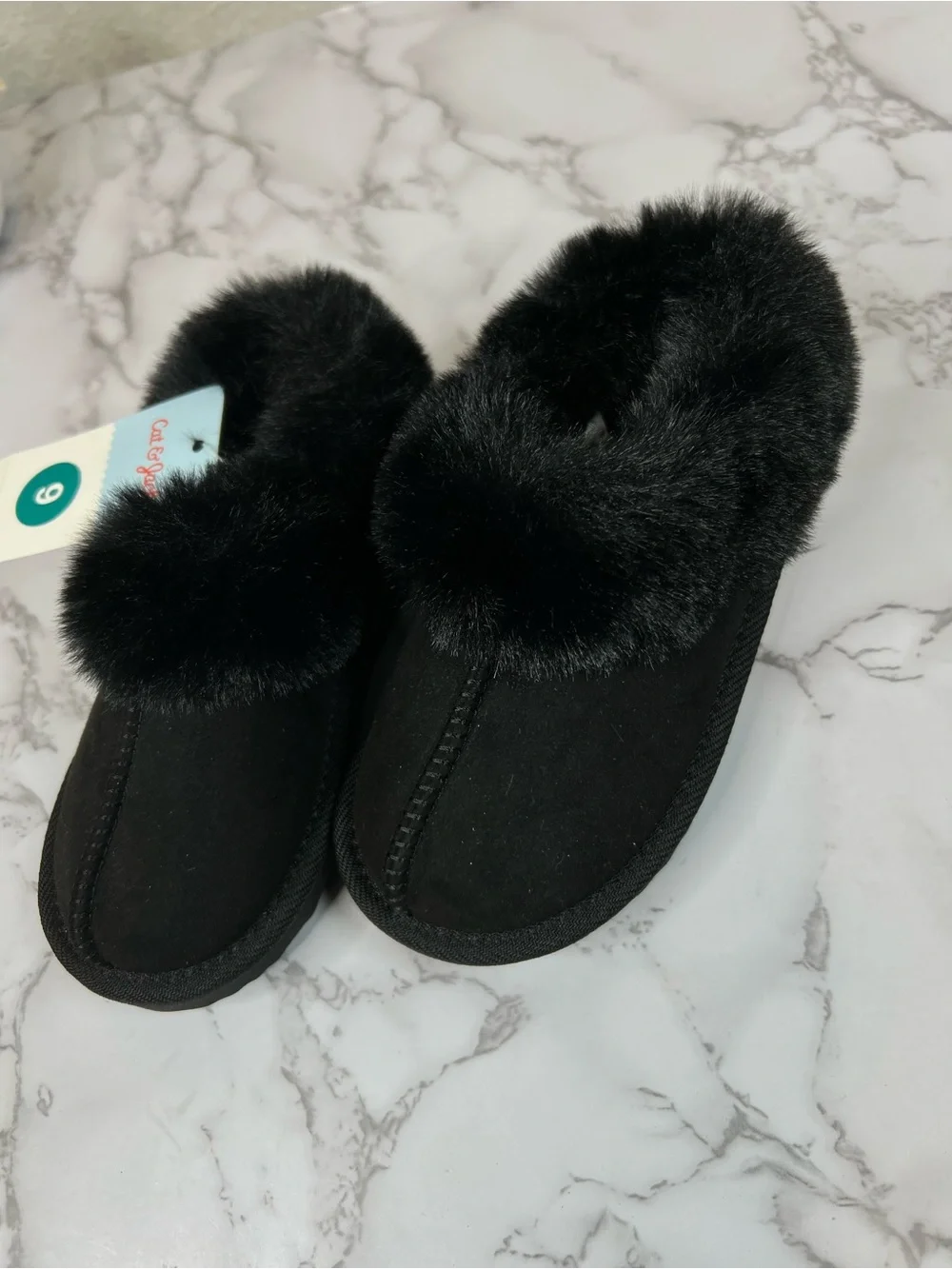 Cat & Jack  Kids Black Faux Fur Slip-On Bootie Slippers Size 9